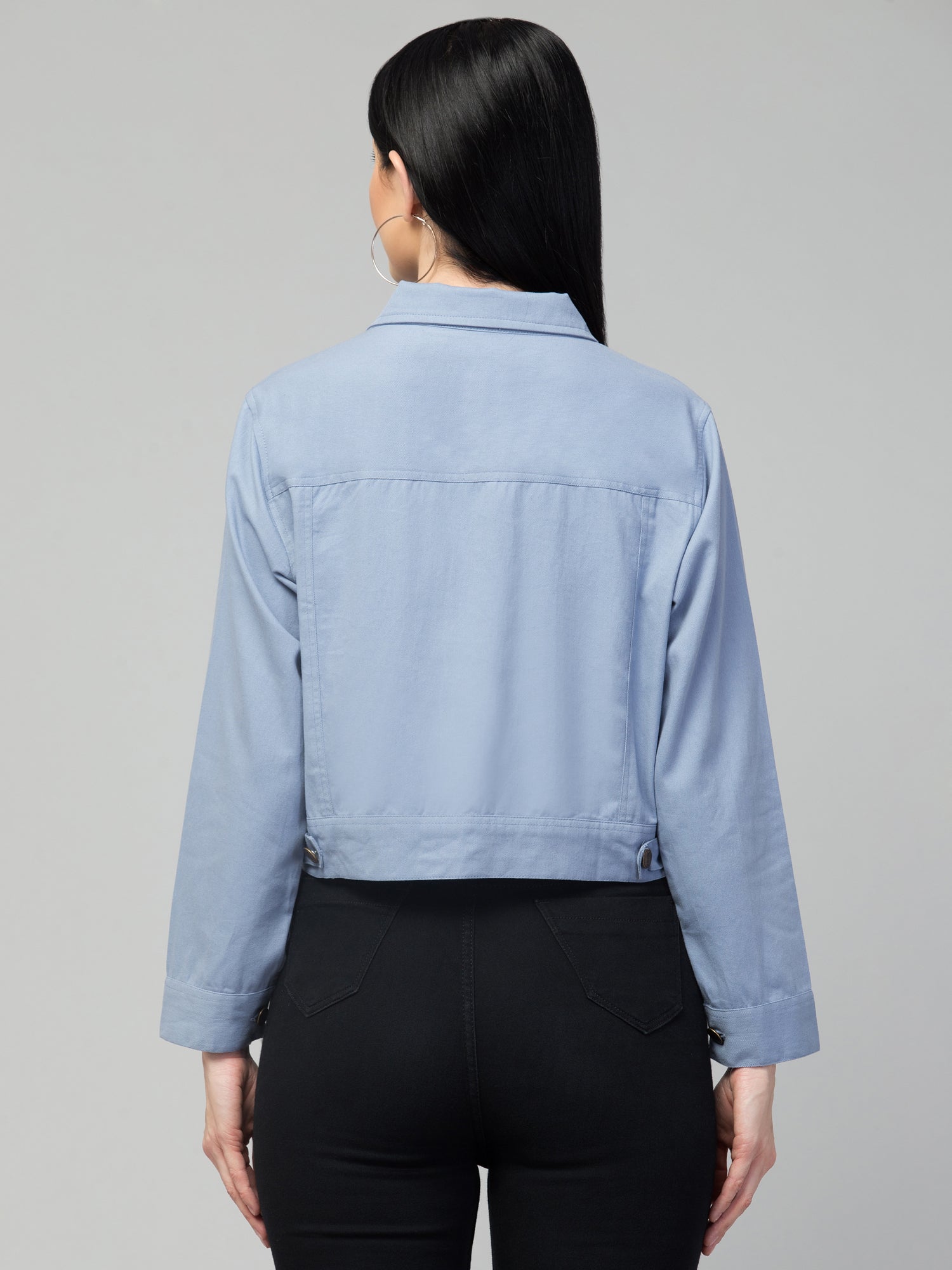 Blue Spread Collar Crop Cotton  Denim Jacket