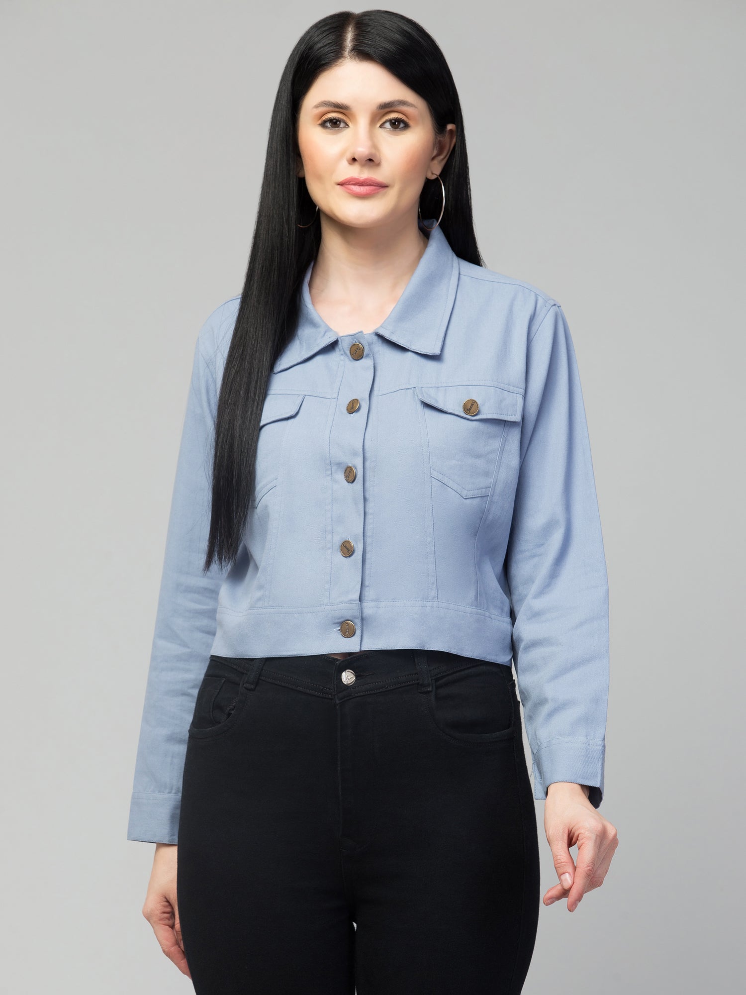 Blue Spread Collar Crop Cotton  Denim Jacket