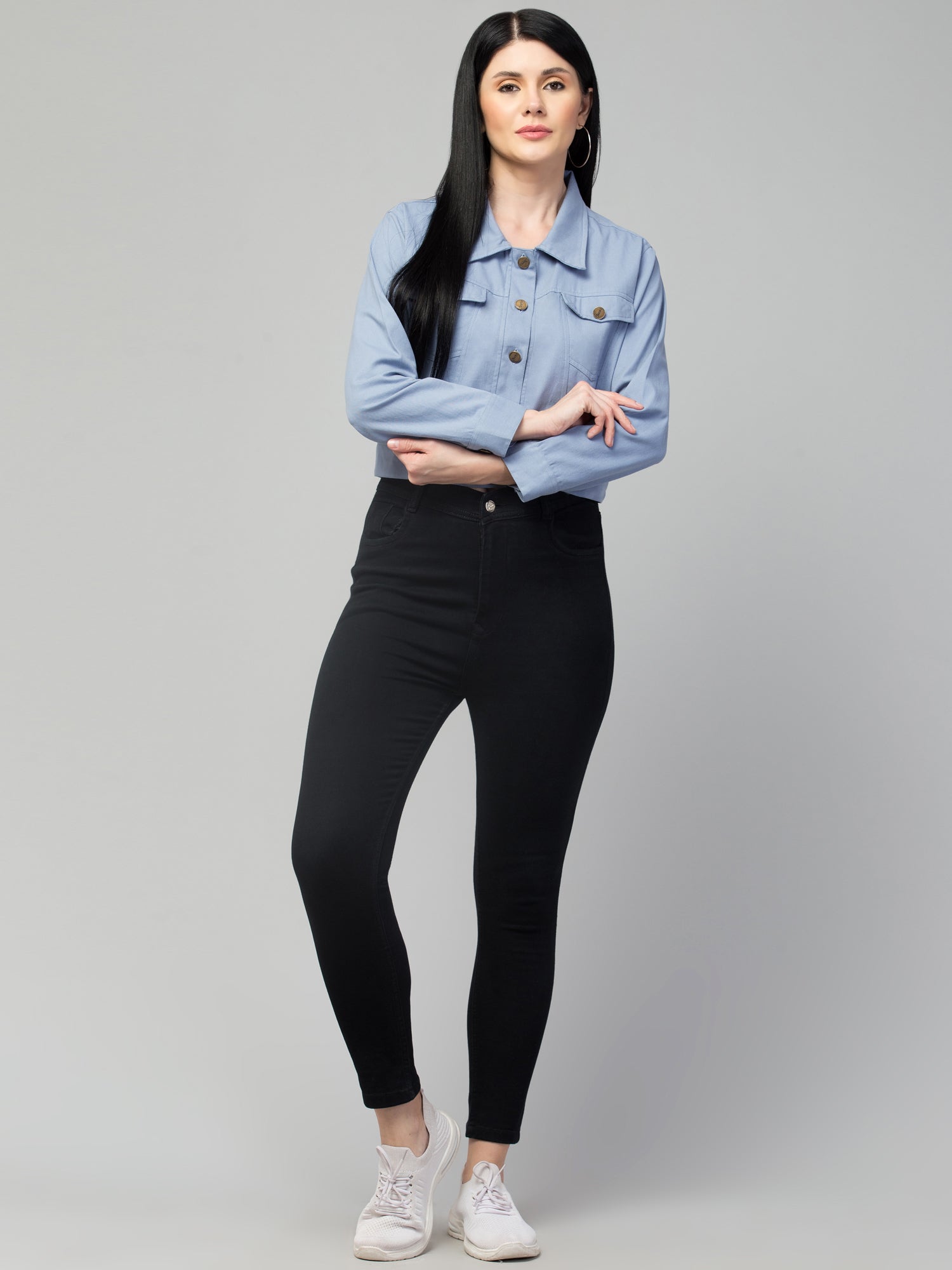 Blue Spread Collar Crop Cotton  Denim Jacket