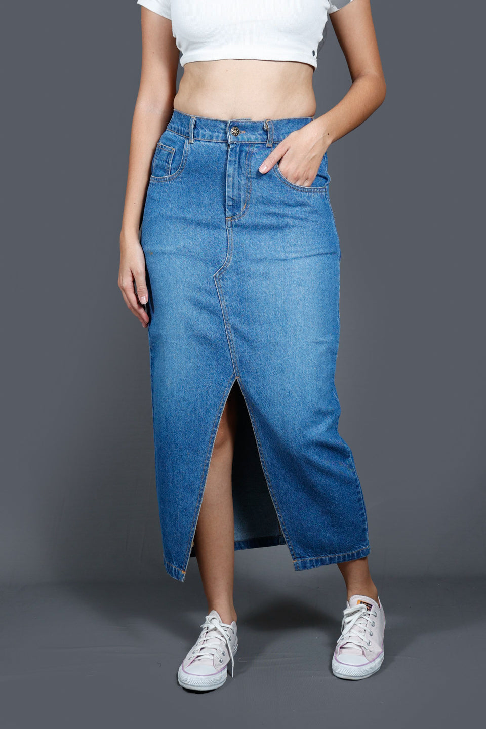 Denim Straight Midi Skirt