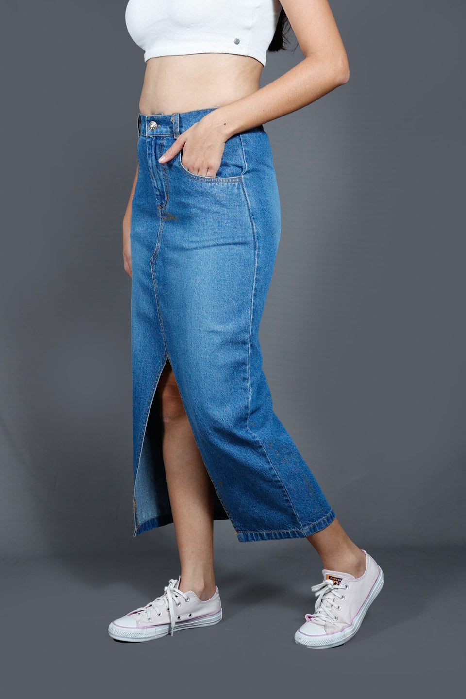 Denim Straight Midi Skirt