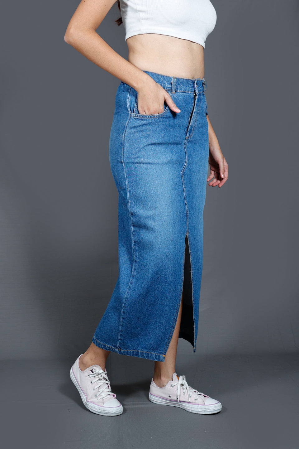 Denim Straight Midi Skirt
