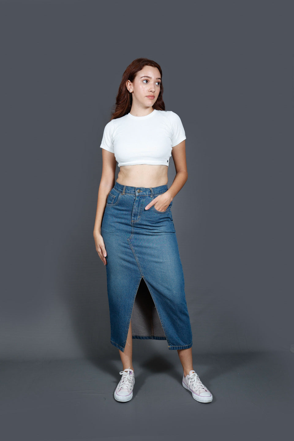 Blue Women Denim Straight Midi Skirt