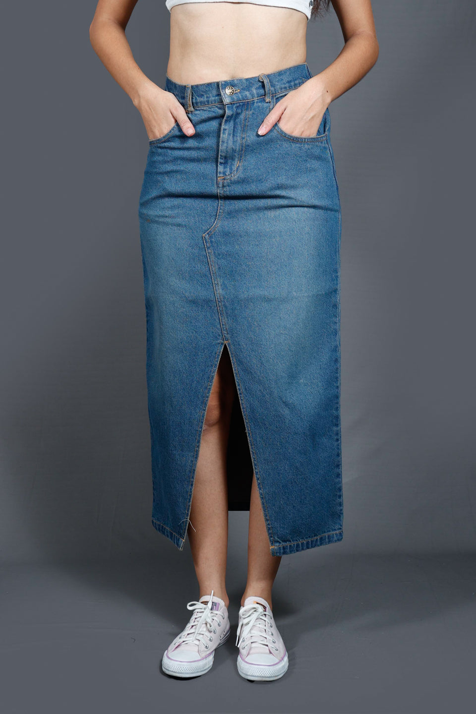 Blue Women Denim Straight Midi Skirt