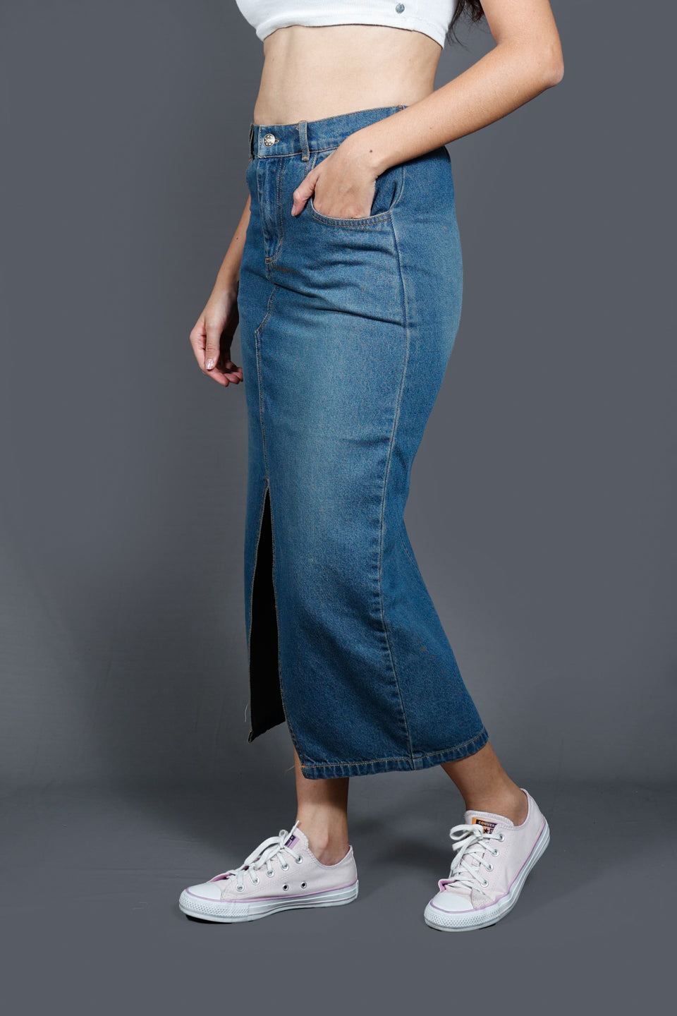 Blue Women Denim Straight Midi Skirt
