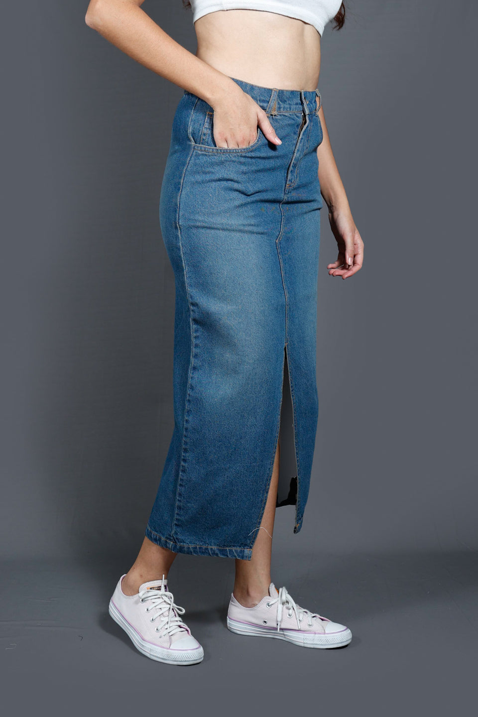 Blue Women Denim Straight Midi Skirt
