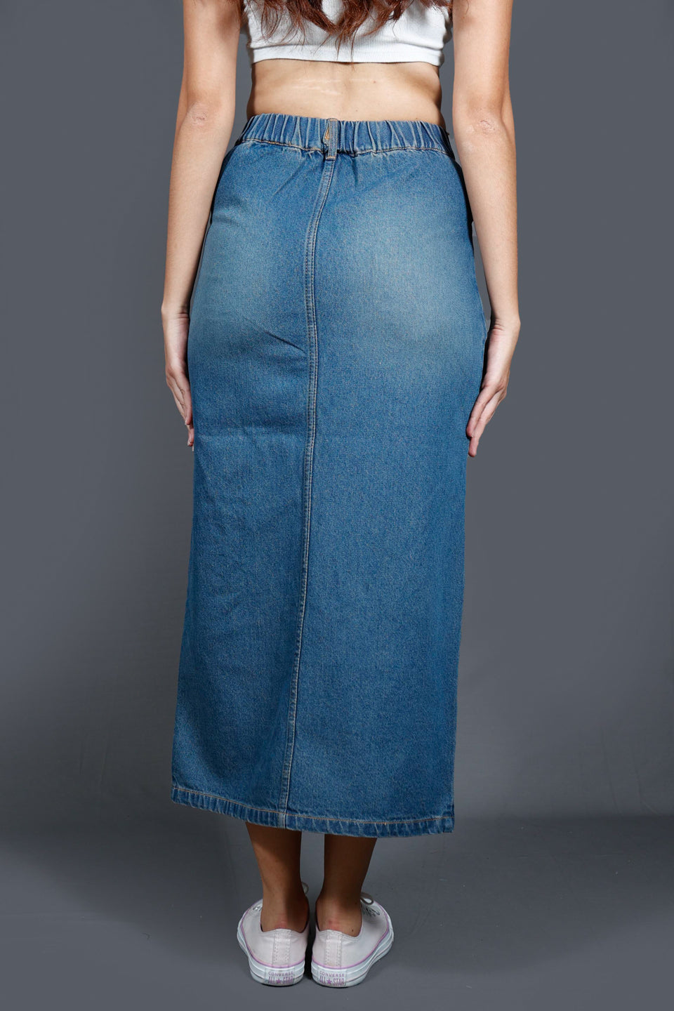 Blue Women Denim Straight Midi Skirt