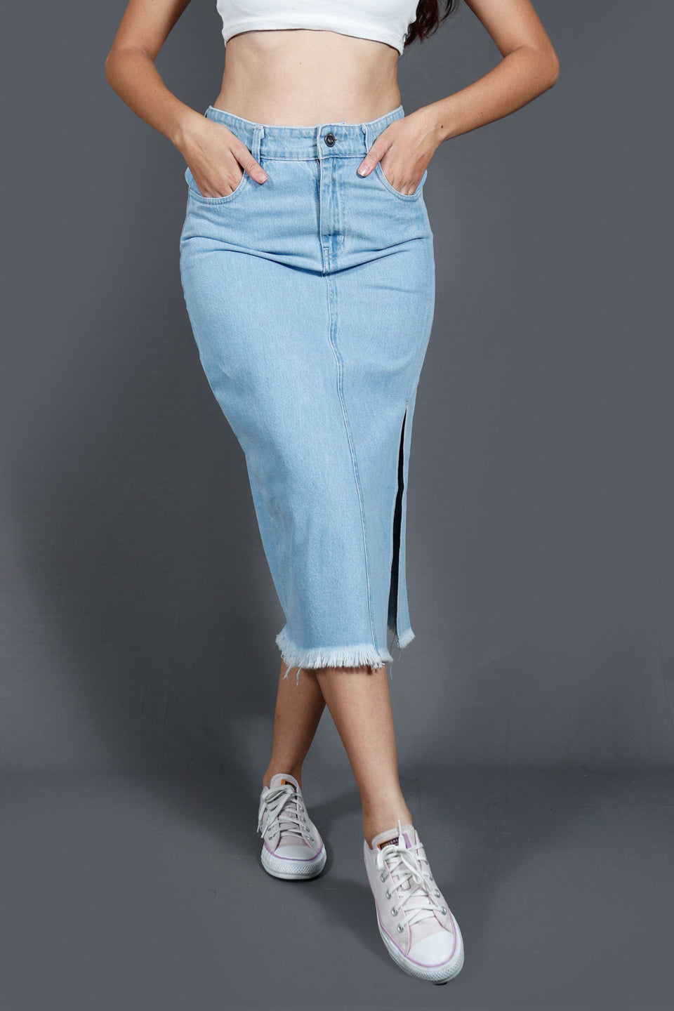 Faded Denim Straight Midi Side Slit Skirt