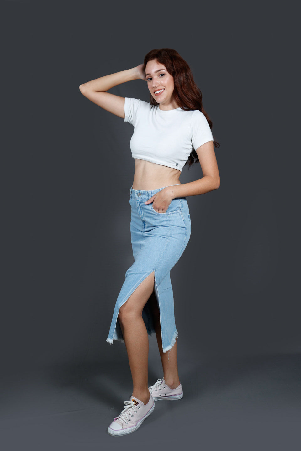 Faded Denim Straight Midi Side Slit Skirt