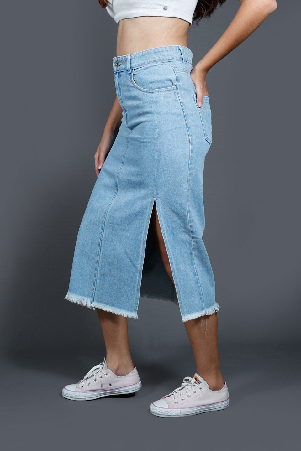 Faded Denim Straight Midi Side Slit Skirt