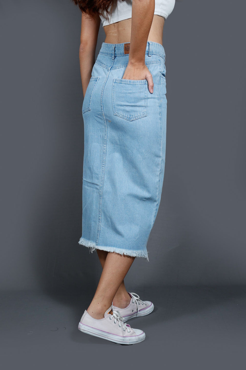 Faded Denim Straight Midi Side Slit Skirt