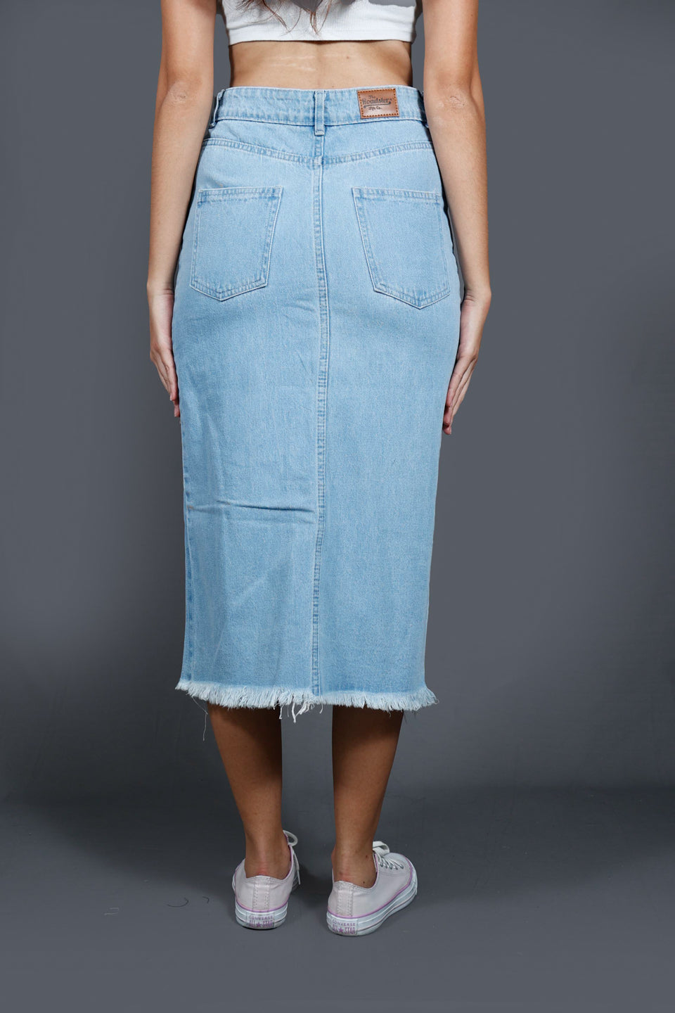 Faded Denim Straight Midi Side Slit Skirt