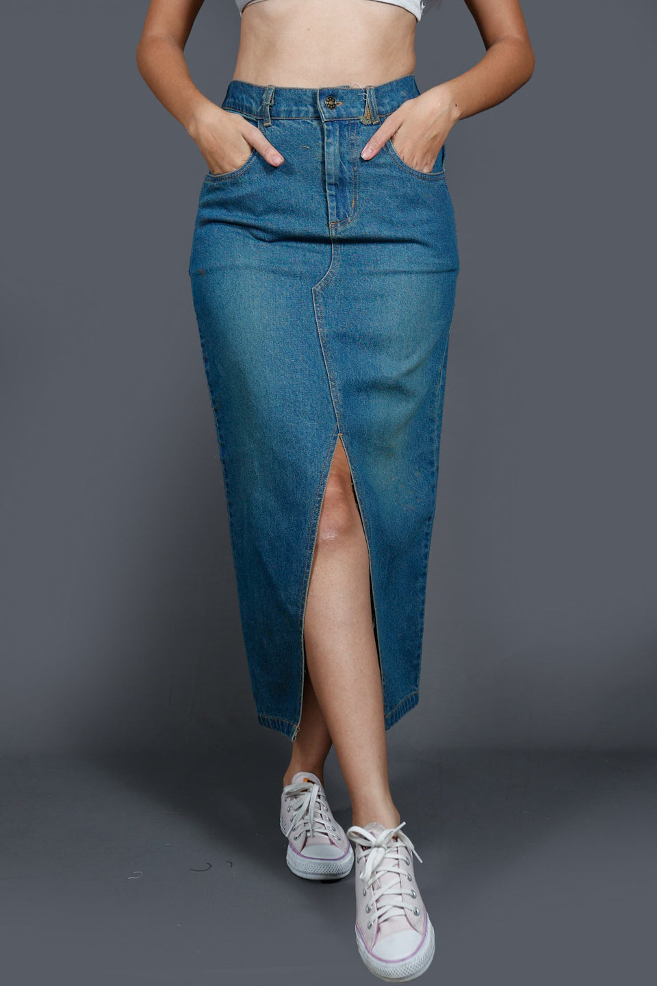 Women Denim Straight Midi Skirt