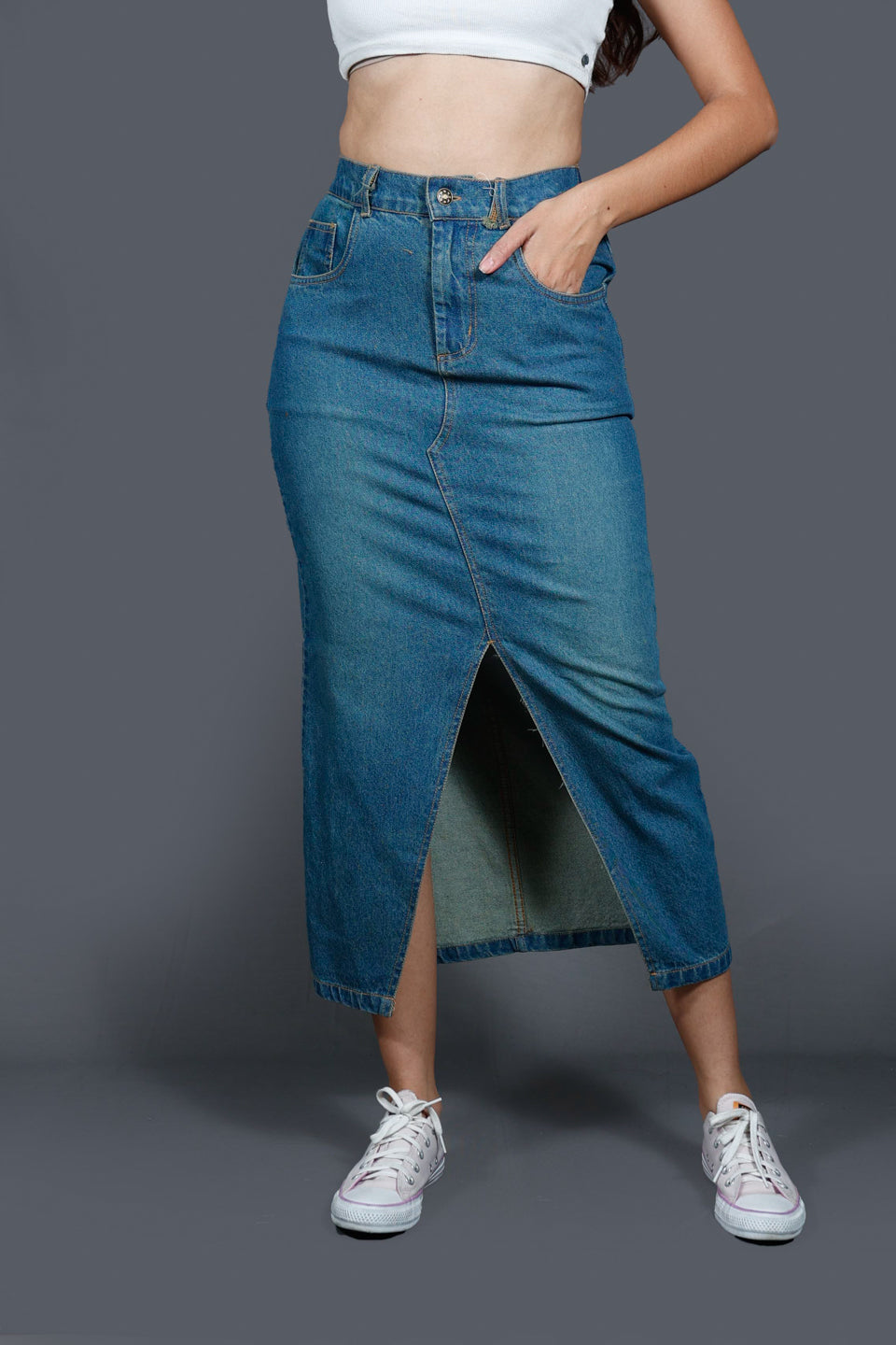 Women Denim Straight Midi Skirt