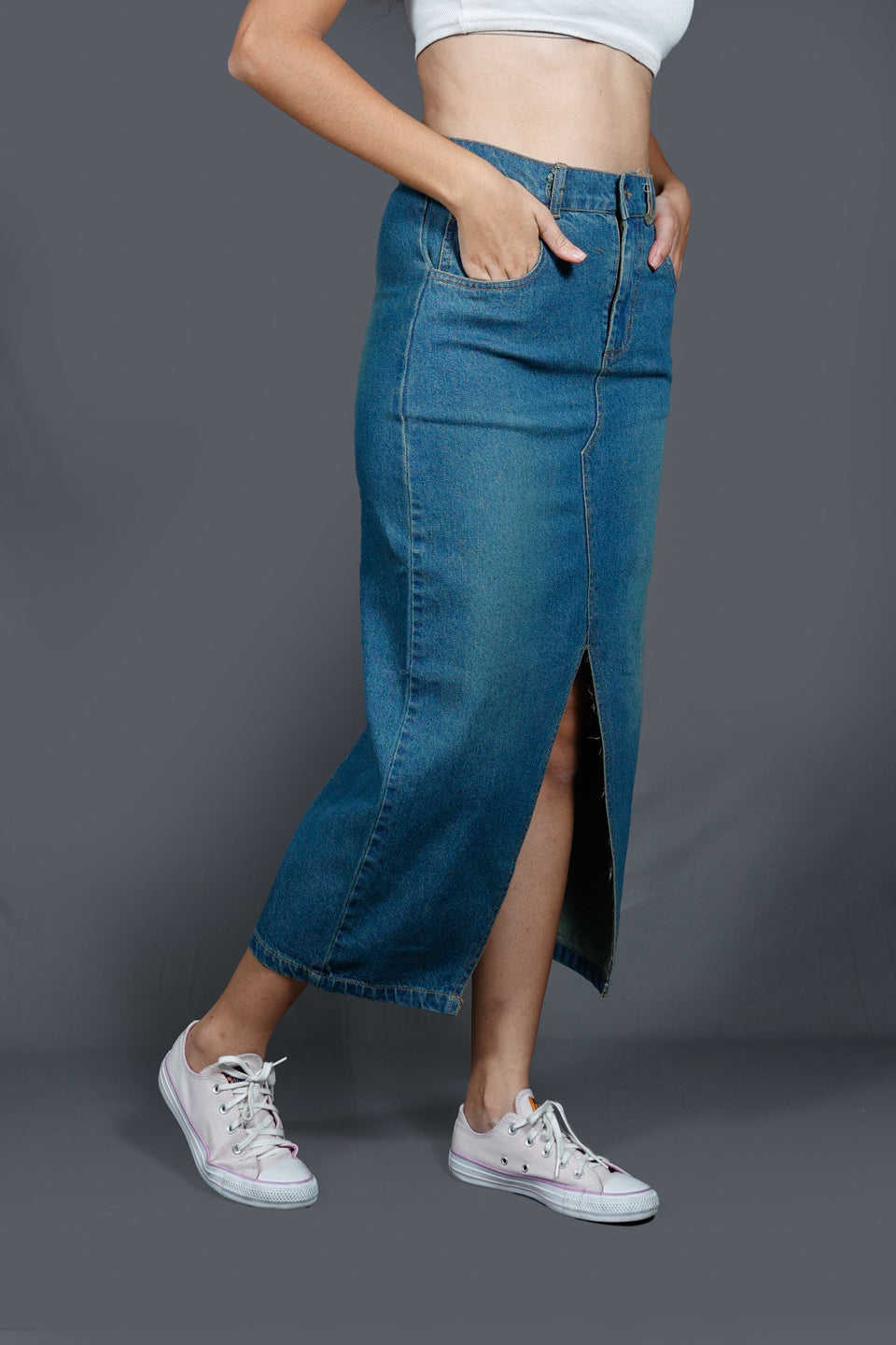 Women Denim Straight Midi Skirt