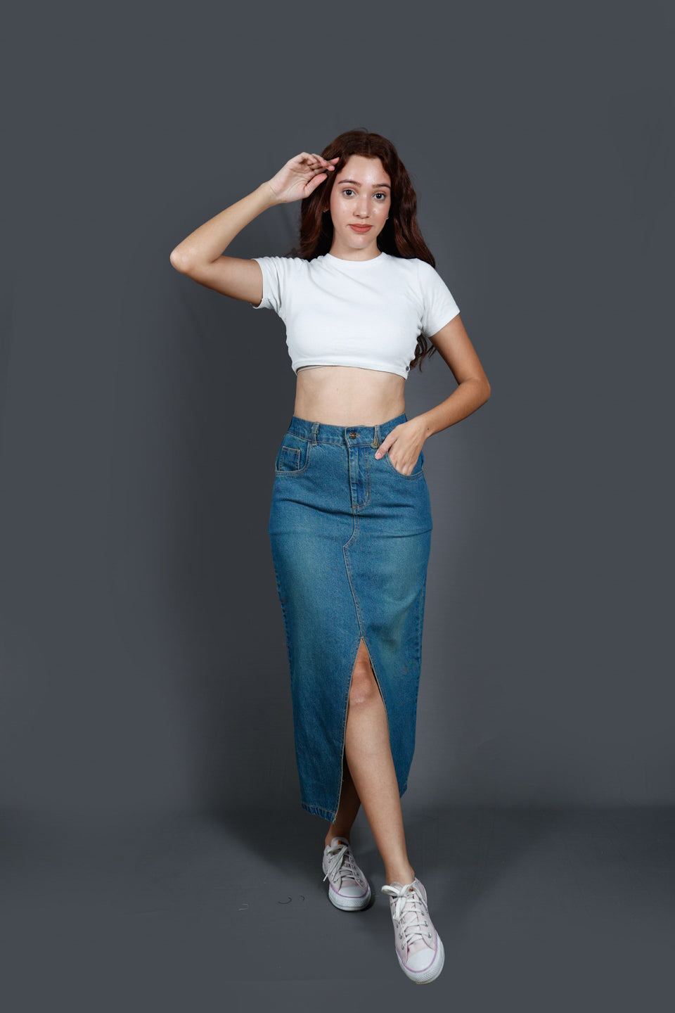 Women Denim Straight Midi Skirt