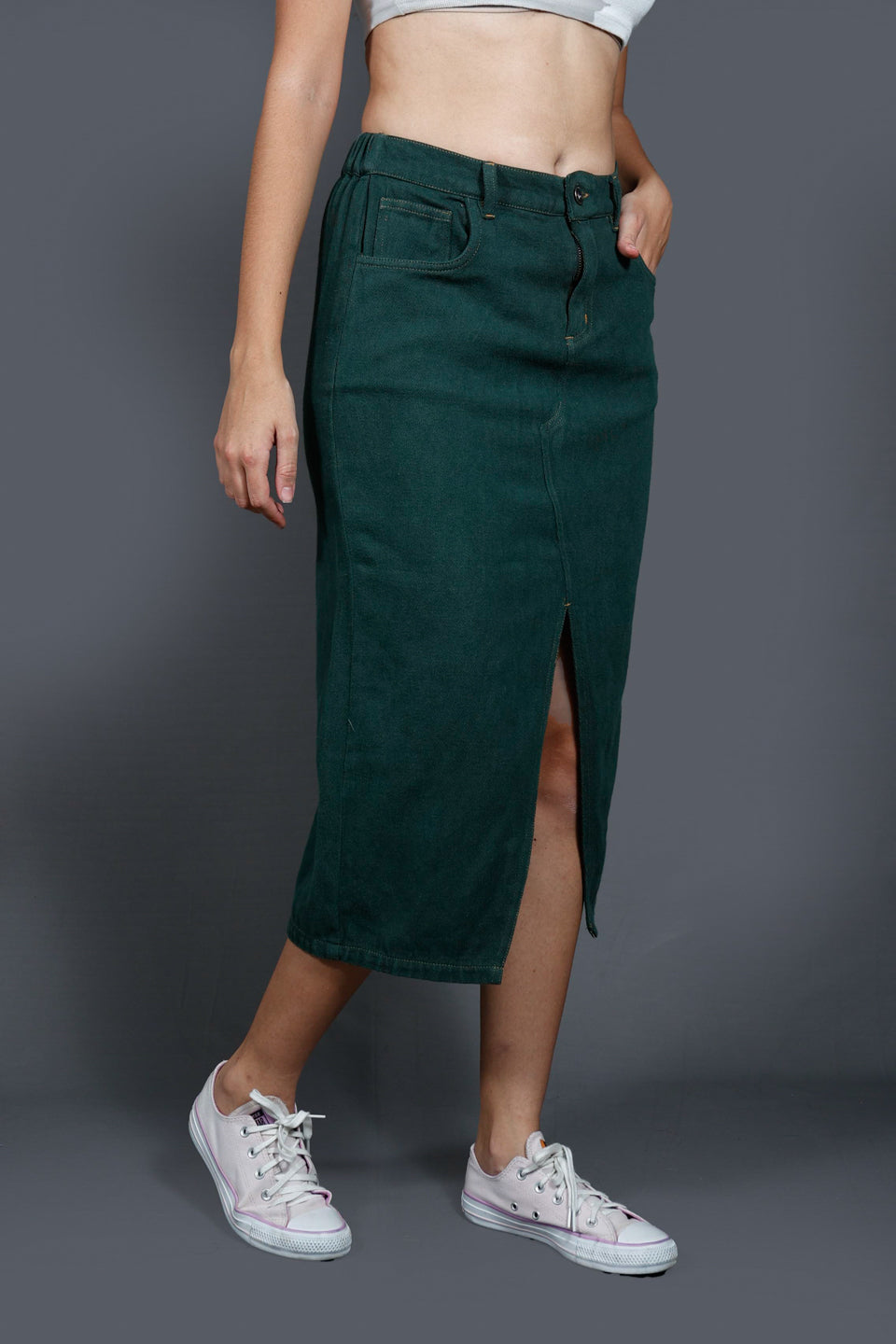 Women Denim Midi A-Line Straight Skirt