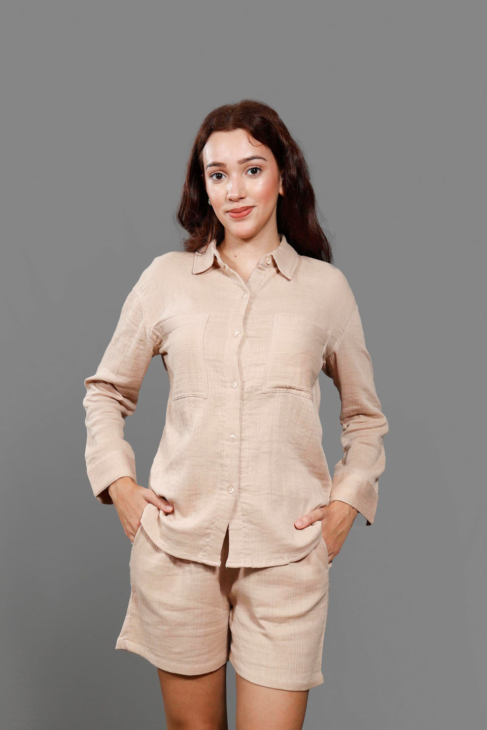 Pure Cotton Shirt Collar Neck Shirt With Short Co-Ords