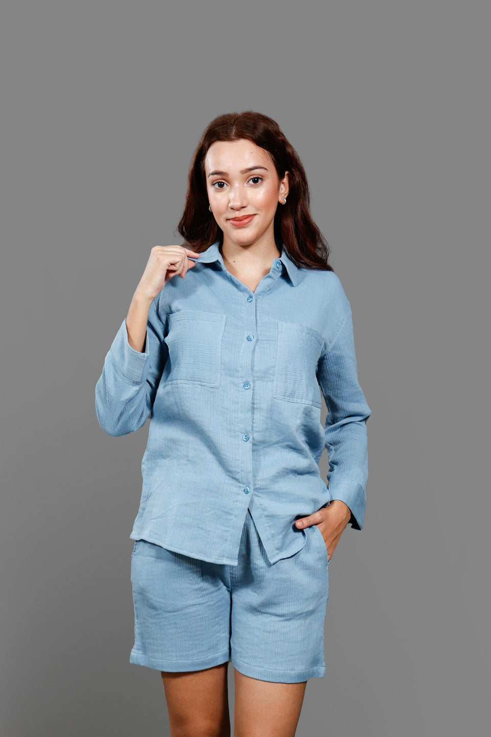 Pure Cotton Shirt Collar Neck Shirt With Short Co-Ords