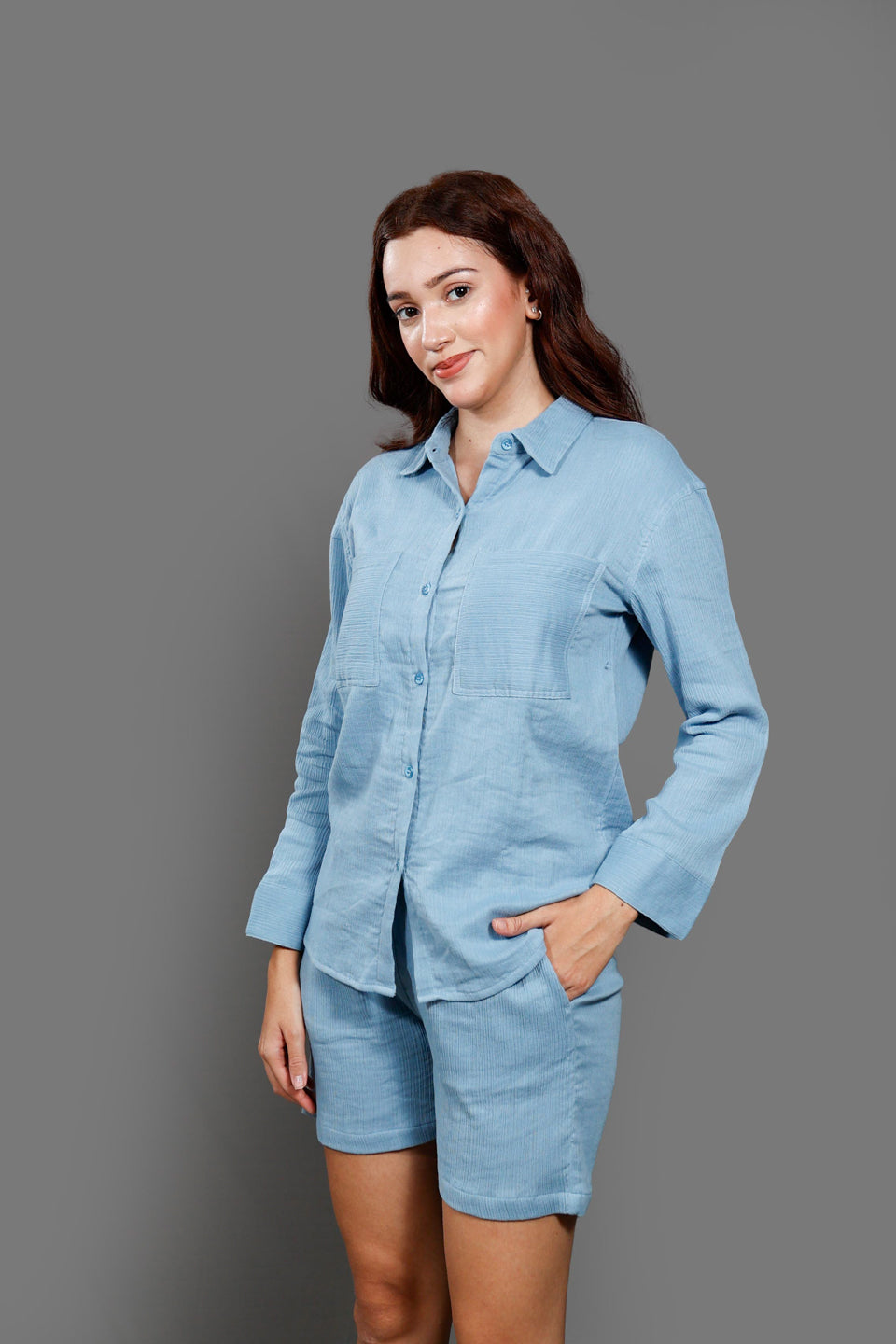 Pure Cotton Shirt Collar Neck Shirt With Short Co-Ords