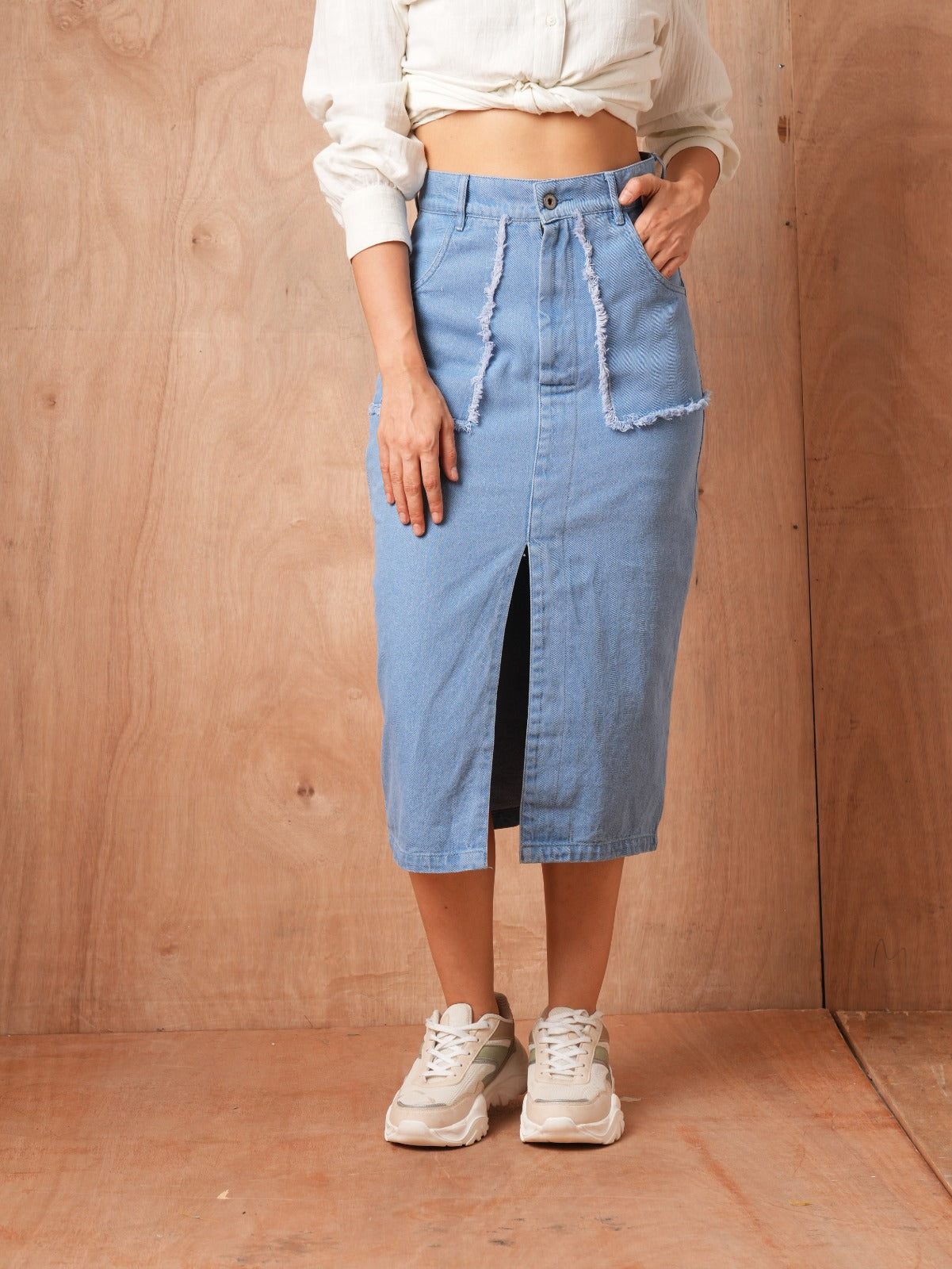 Blue Faded A-Line Midi Skirt