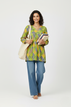 Printed A Line Flared Bandhani print Kurti with Long Sleeves.