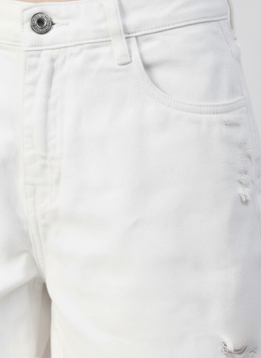 White Loose Fit Mid-Rise Denim Shorts