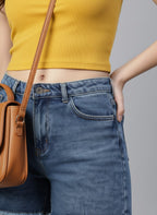 Women Blue Washed Loose Fit Mid-Rise Denim Shorts