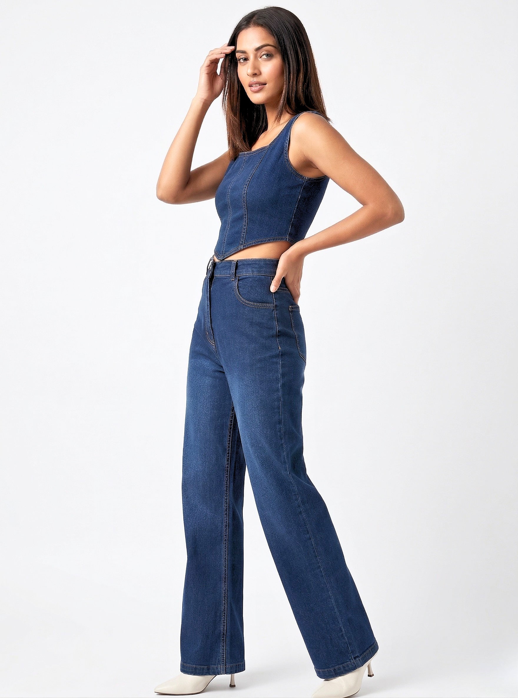 Women’s Denim Co-Ord Set with Crop Top and Jeans