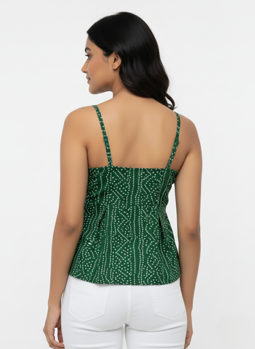 Green printed peplum tunic top.