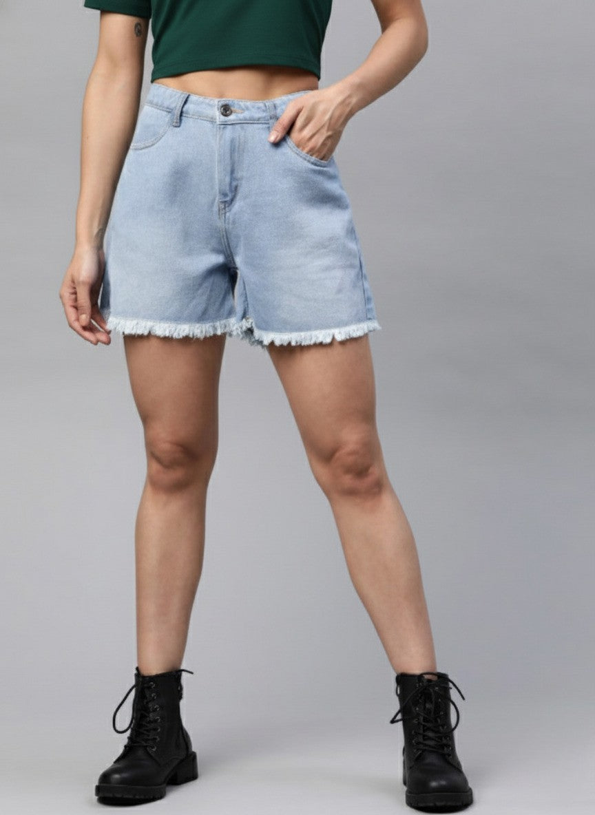 Women Blue Solid High-Rise Regular Shorts