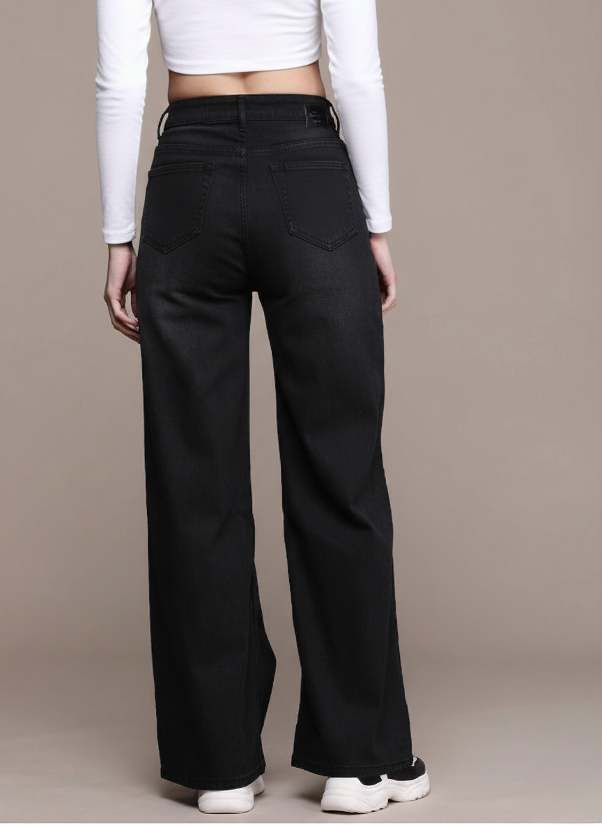 Women Black Wide Leg High Rise Stretchable Jeans