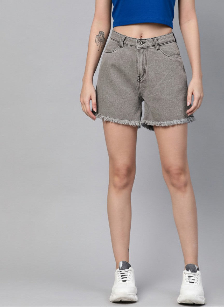 Grey High-Rise Loose Fit Denim Shorts