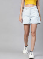 Blue Distressed Loose Fit High-Rise Denim Shorts