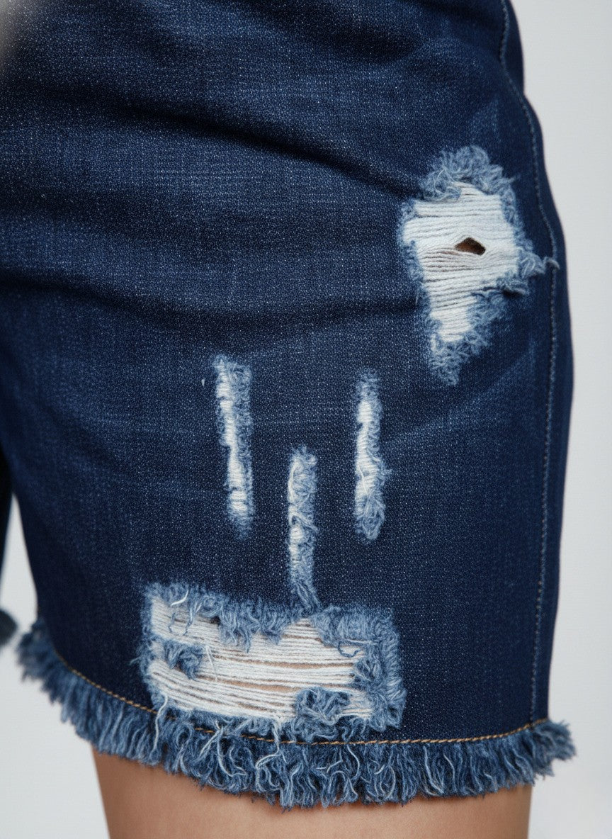 Blue High-Rise Ribbed Denim Shorts