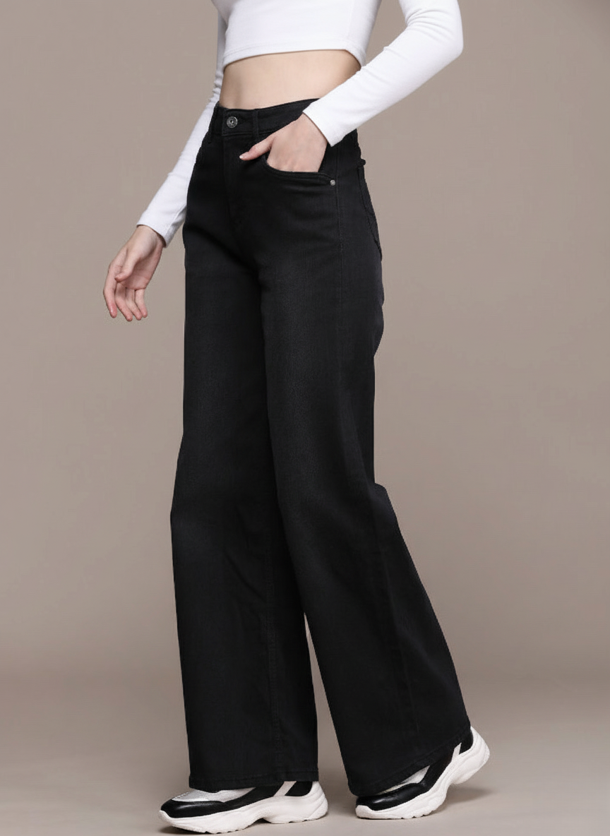 Women Black Wide Leg High Rise Stretchable Jeans