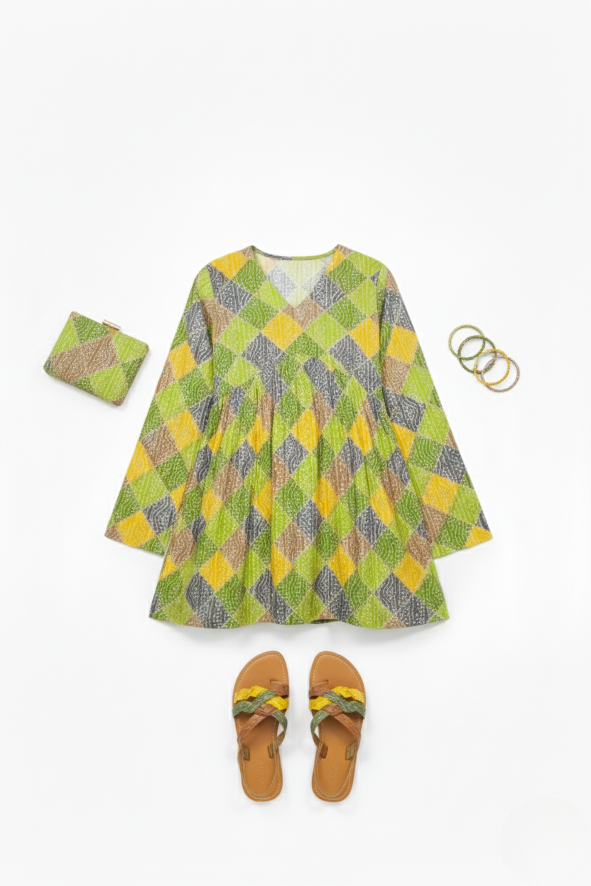 Printed A Line Flared Bandhani print Kurti with Long Sleeves.