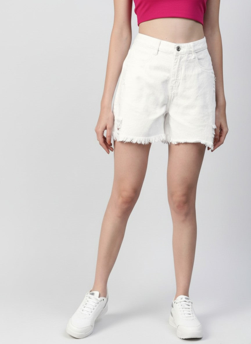 White Loose Fit Mid-Rise Denim Shorts