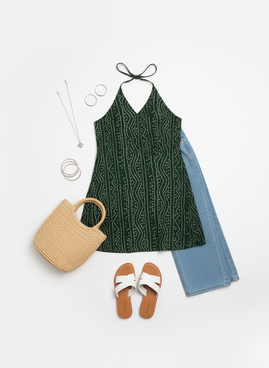 Green Bandhani Print Halter Neck Kurti