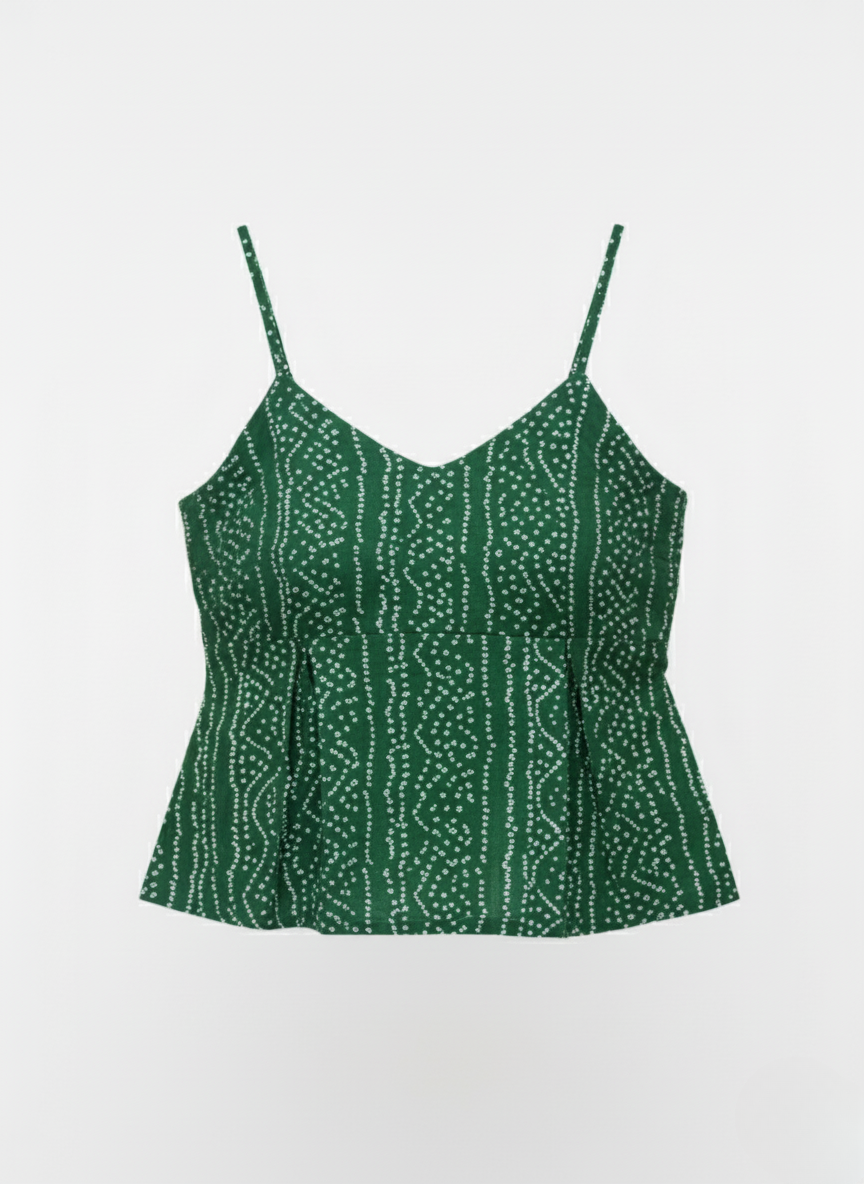 Green printed peplum tunic top.