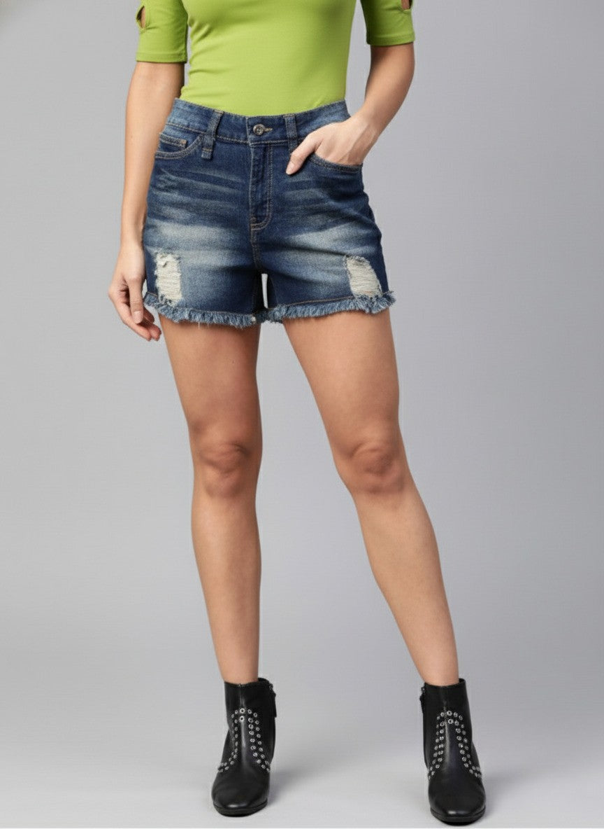 Navy Blue Washed Regular Fit Distressed Denim Shorts