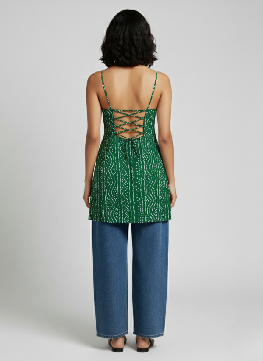 Backless Lace Up Spaghetti Strap Kurti.