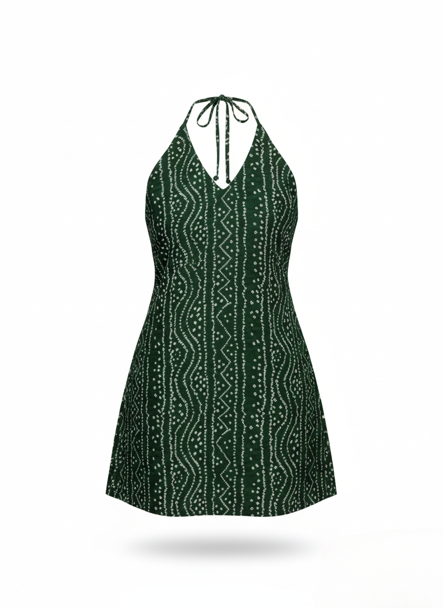 Green Bandhani Print Halter Neck Kurti