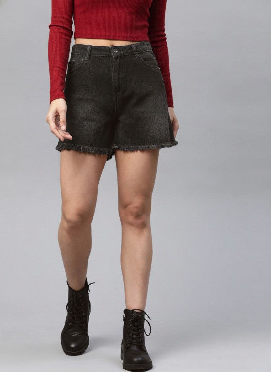 Charcoal Grey Loose Fit High-Rise Denim Shorts