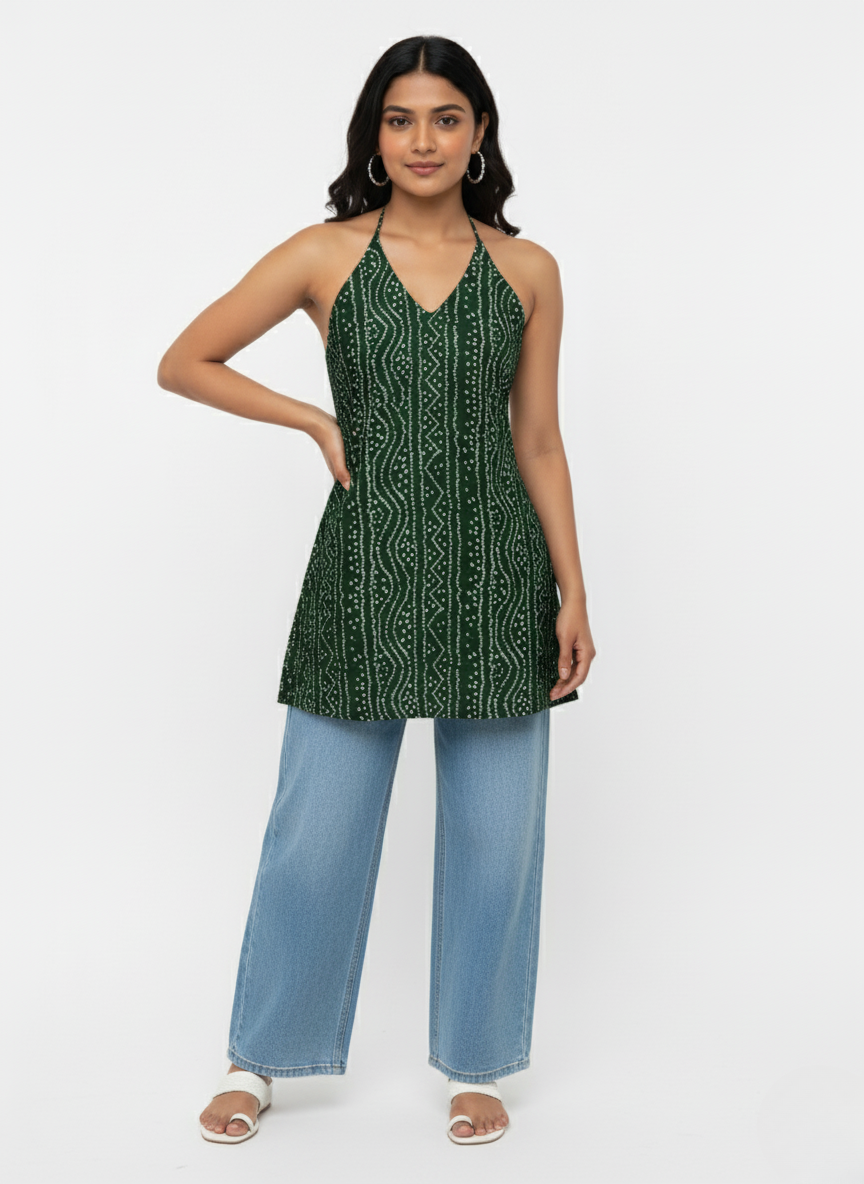 Green Bandhani Print Halter Neck Kurti