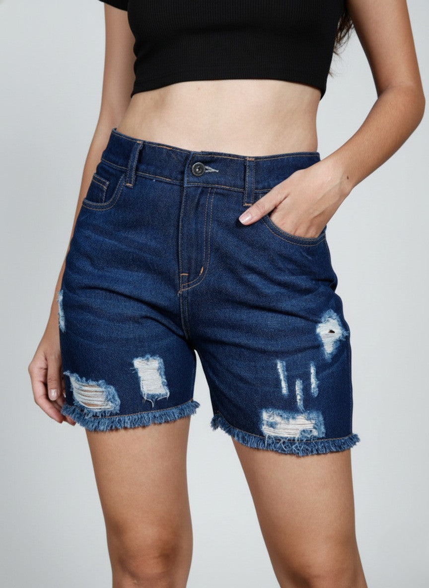 Blue High-Rise Ribbed Denim Shorts