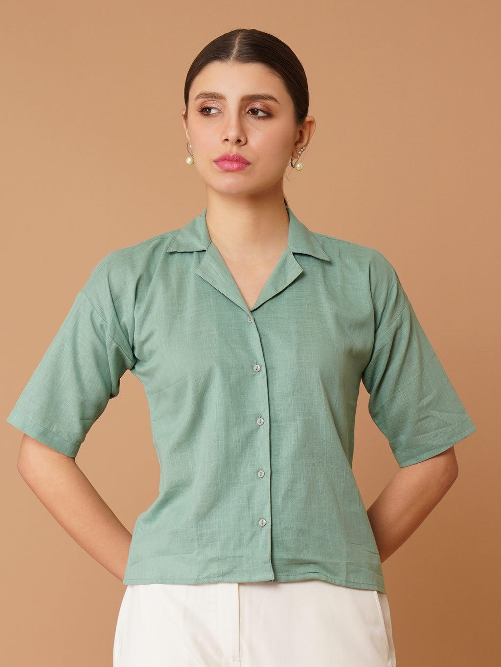 Green Cuban Collar Drop-Shoulder Sleeves Cotton Shirt