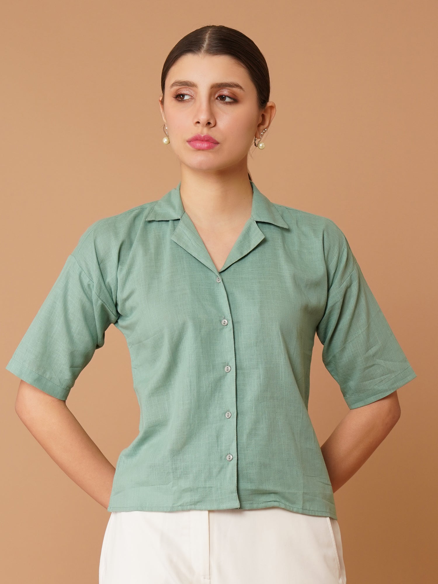 Green Cuban Collar Drop-Shoulder Sleeves Cotton Shirt
