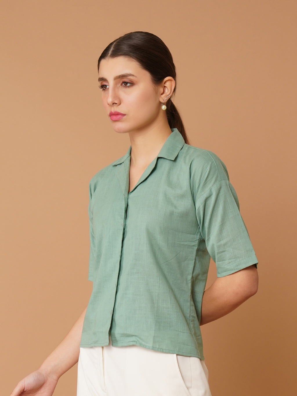 Green Cuban Collar Drop-Shoulder Sleeves Cotton Shirt