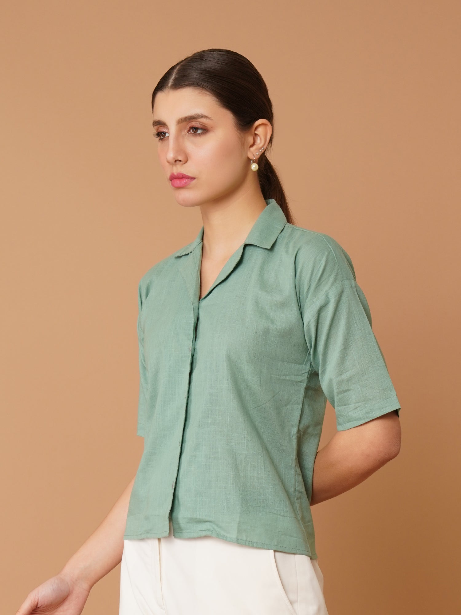 Green Cuban Collar Drop-Shoulder Sleeves Cotton Shirt